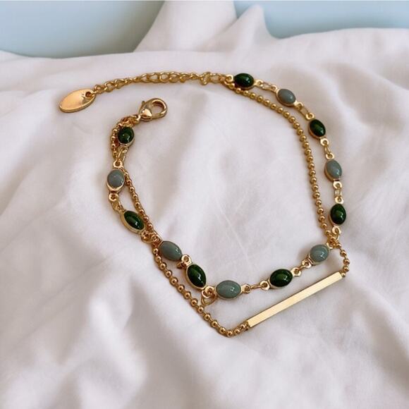 NEW 18K yellow gold plated double layer bar green bead bracelet jewelry B19A - Picture 1 of 6